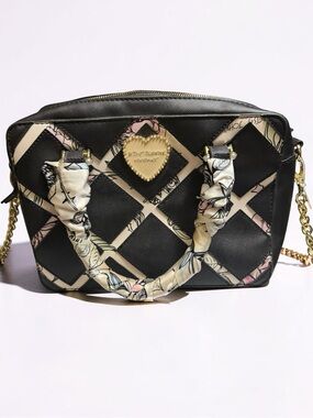 Betsey Johnson Black Quilted Crossbody with Floral Scarf-Wrapped Handles